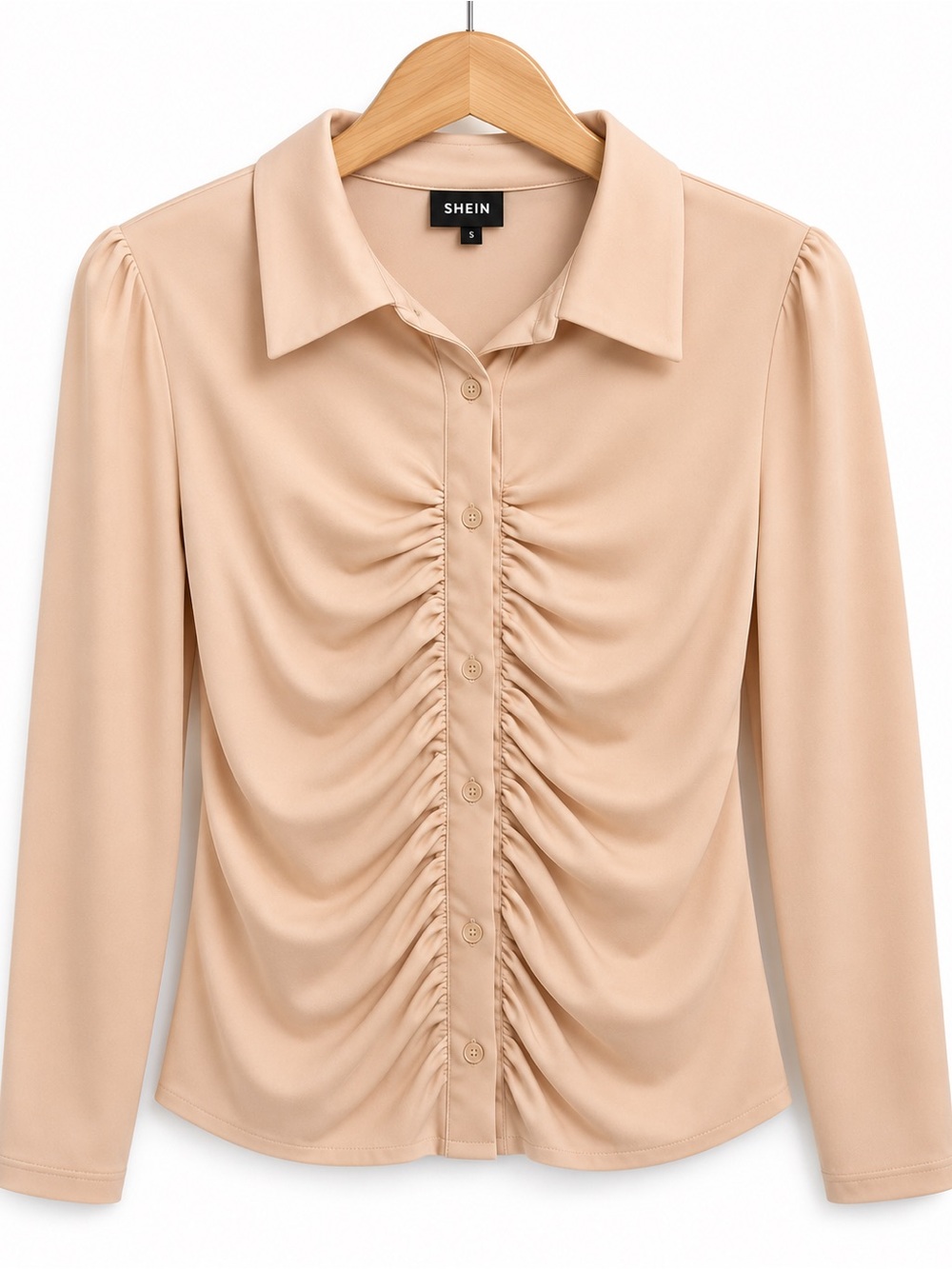SHEIN Beige Ruched Button-Front Collared Blouse